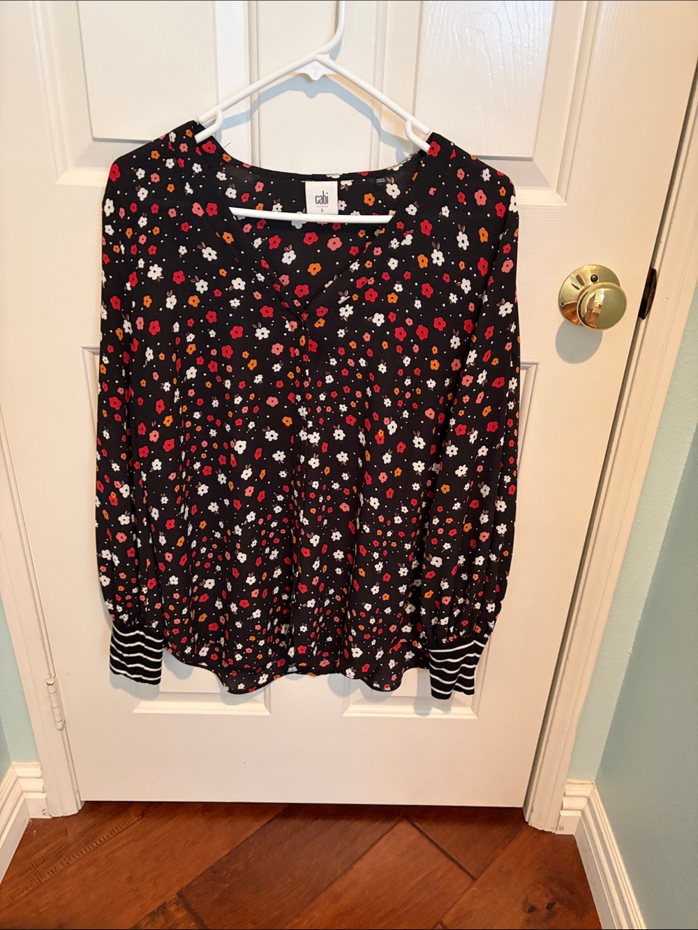 CAbi Black Floral V-Neck Long Sleeve Blouse with Stripe Cuffs